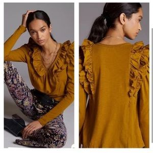 Anthropologie Ruffle V Neck Long Sleeve Brown Top‎ S